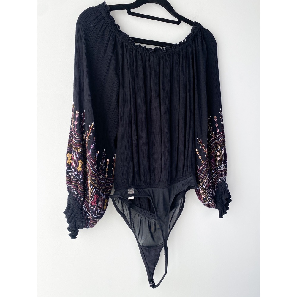 Free People Intimately Ella Bodysuit XS Black Embroidery Off Shoulder Whimsigoth - Picture 10 of 13